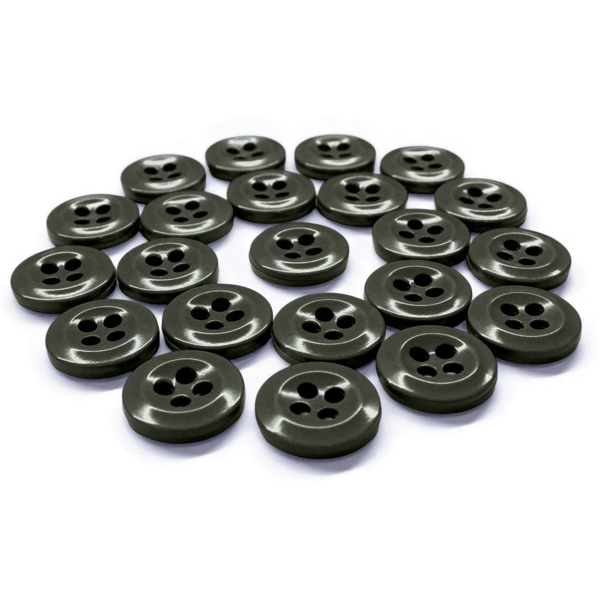 Twenty-one black Work Shirt Buttons, each with four holes and military specs, are displayed in a loose circular pattern on a white background.