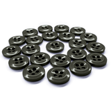 Twenty-one black Work Shirt Buttons, each with four holes and military specs, are displayed in a loose circular pattern on a white background.