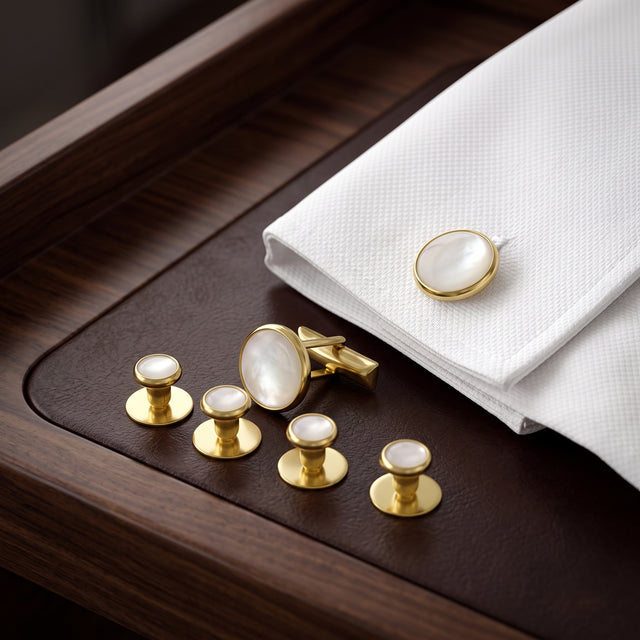 Tuxedo Shirt Studs and Cufflinks—essential accessories for a formal shirt—are displayed on a brown tray beside a white textured dress shirt.
