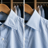 A wrinkled blue shirt and a smooth blue shirt, both on hangers, are shown side by side—demonstrating the crisp difference that Collar Stays can make in maintaining a sharp shirt collar.