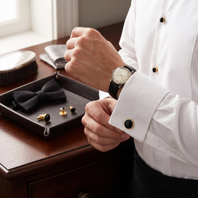 A man in a white dress shirt adjusts his watch near a tray displaying the Tuxedo Shirt Studs and Cufflinks, accompanied by a black bow tie.