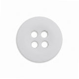A Uniform Shirt Button—round, white, and featuring four holes—rests on a plain white background, making it an ideal replacement for uniform shirt buttons.