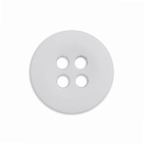 A Uniform Shirt Button—round, white, and featuring four holes—rests on a plain white background, making it an ideal replacement for uniform shirt buttons.