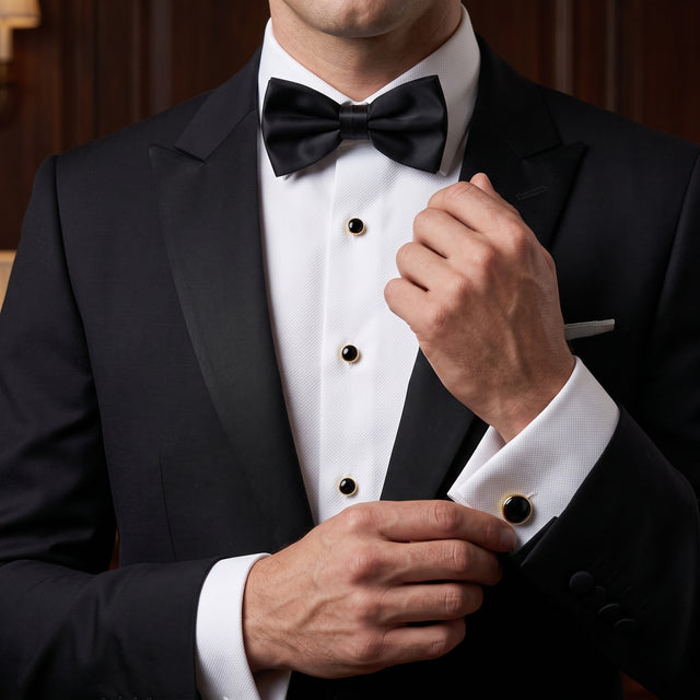 A man in a black tuxedo adjusts his stainless steel Tuxedo Shirt Studs and Cufflinks and bow tie, dressed formally for an event with sophisticated tuxedo shirt accessories.