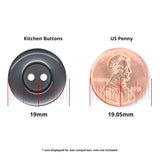 A Commercial Food Service Button in gray and a US penny, both about 19mm in diameter, are shown side by side for size comparison.