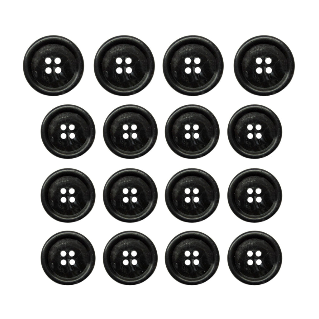 Sixteen Premium Suit Buttons, each black with four holes, are arranged in a tidy 4x4 grid on a white background.