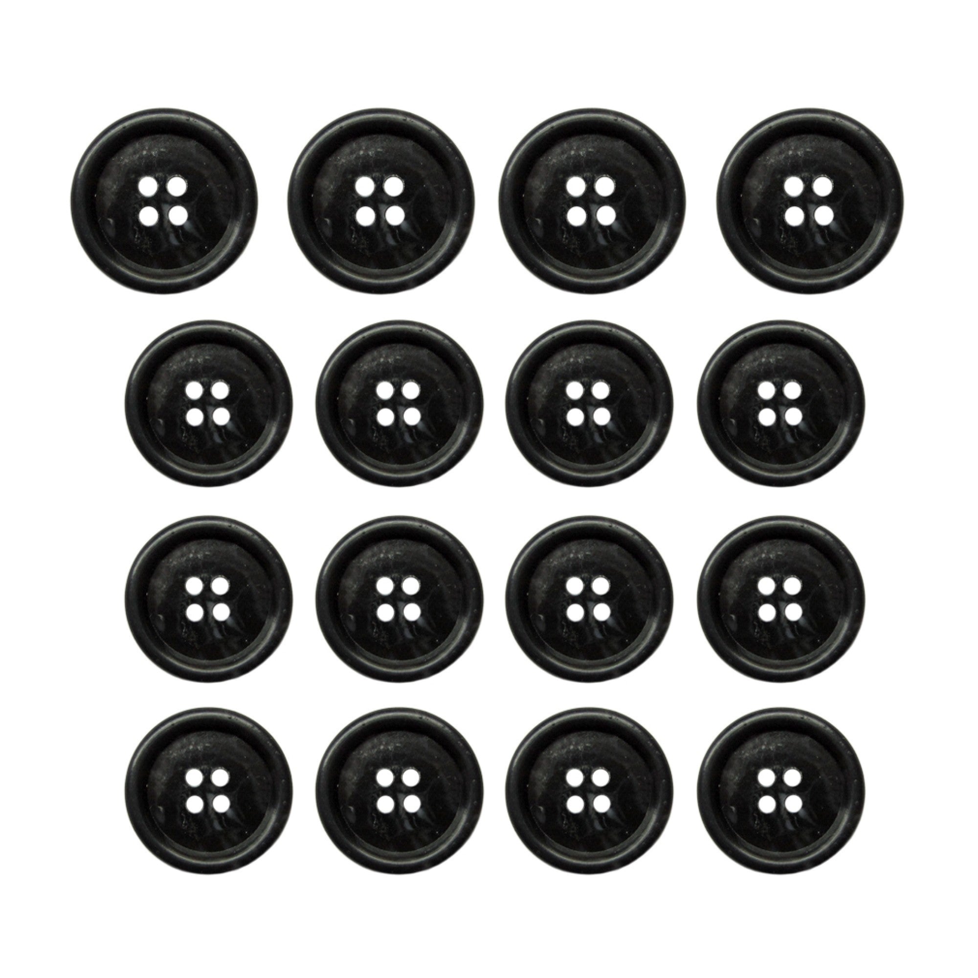 Sixteen Premium Suit Buttons, each black with four holes, are arranged in a tidy 4x4 grid on a white background.