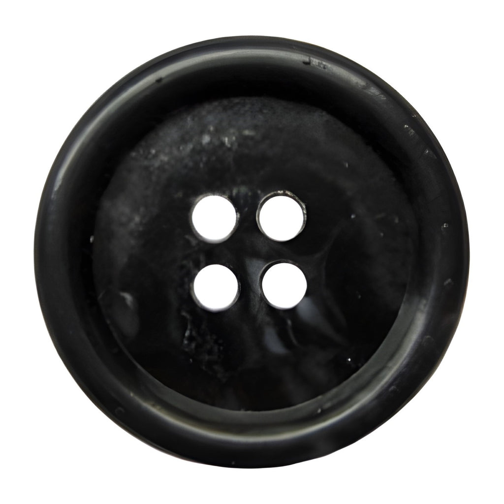 A Premium Suit Button, black and round with four holes, shown from above on a white background.