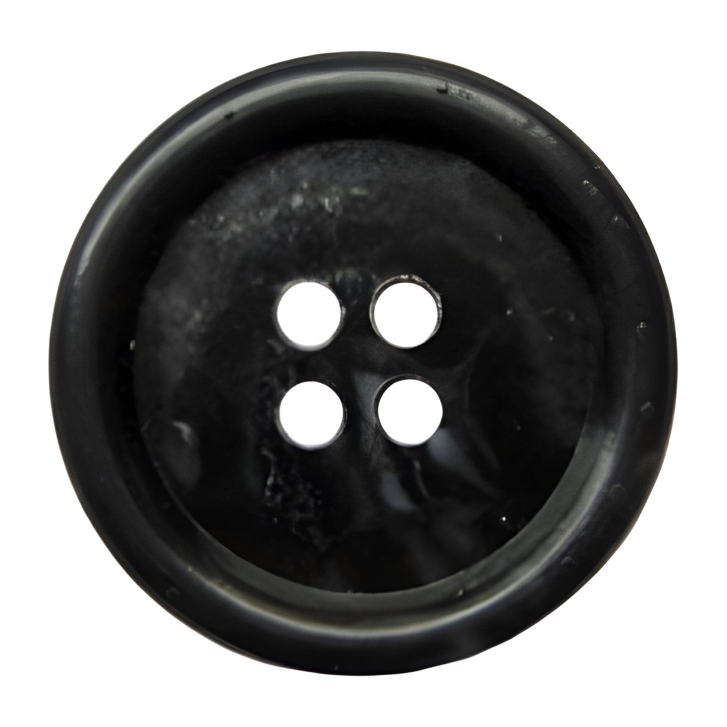 A Premium Suit Button, black and round with four holes, shown from above on a white background.