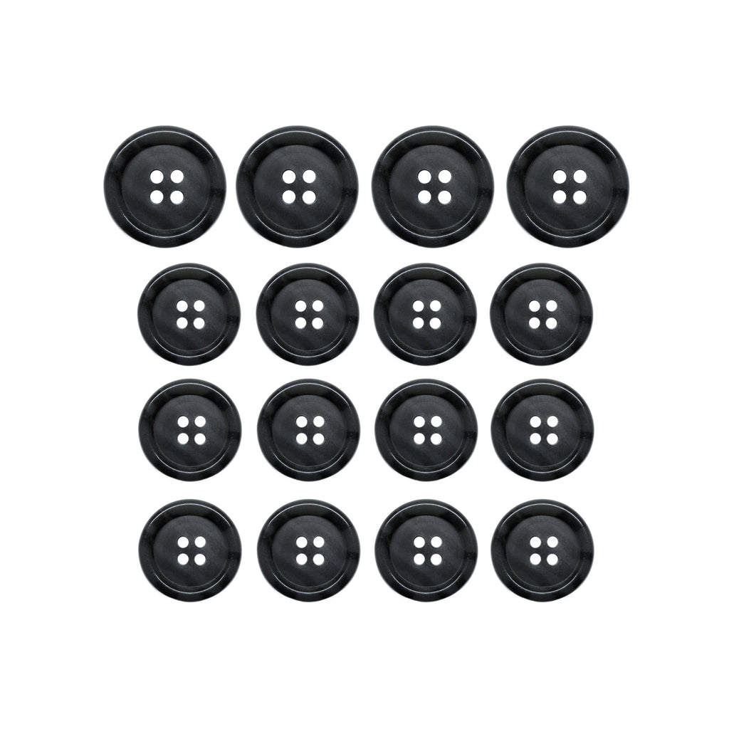 Fifteen Luxury Suit Buttons, black and four-holed, are arranged in a neat grid on a white background.