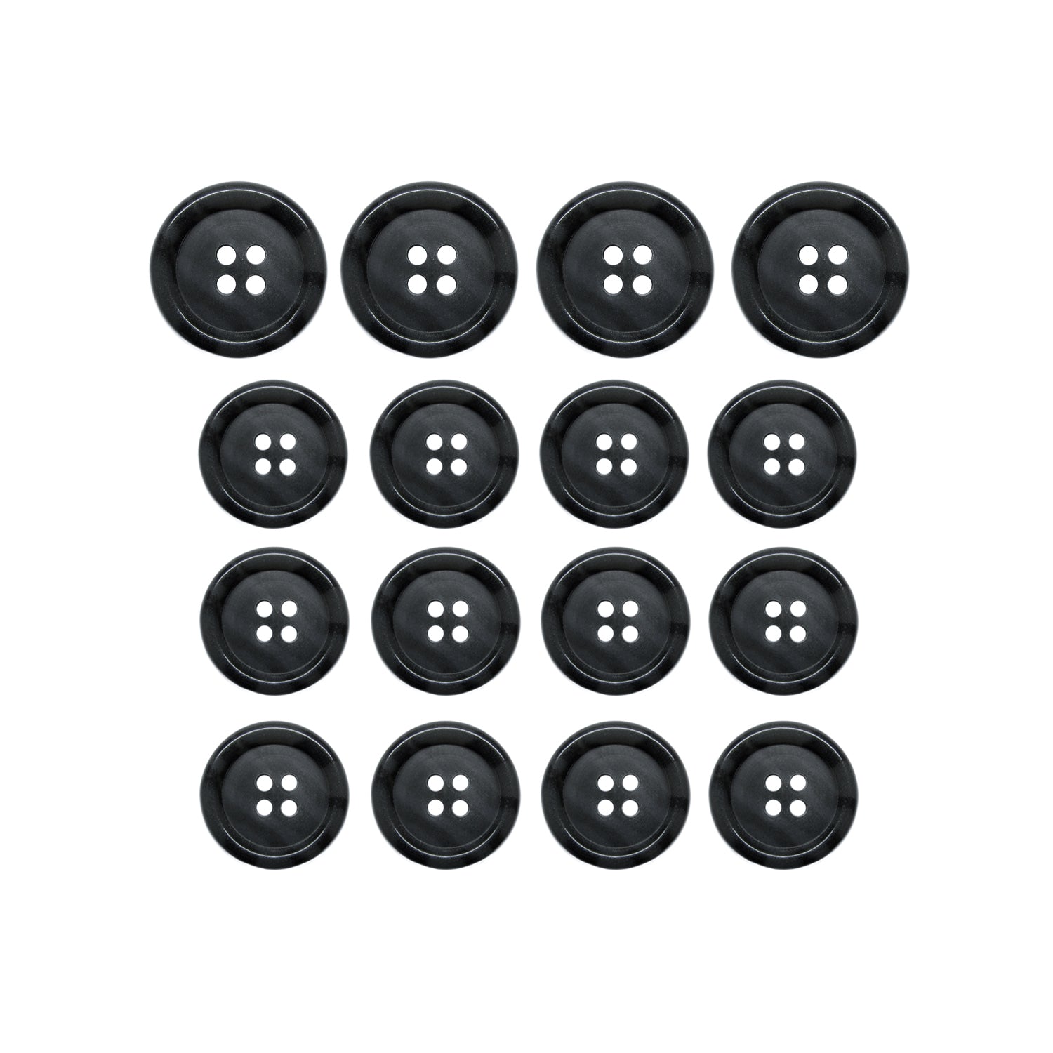 Fifteen Luxury Suit Buttons, black and four-holed, are arranged in a neat grid on a white background.