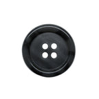 A black, round Luxury Suit Button with four center holes is shown from above on a white background. It is vegan-friendly.