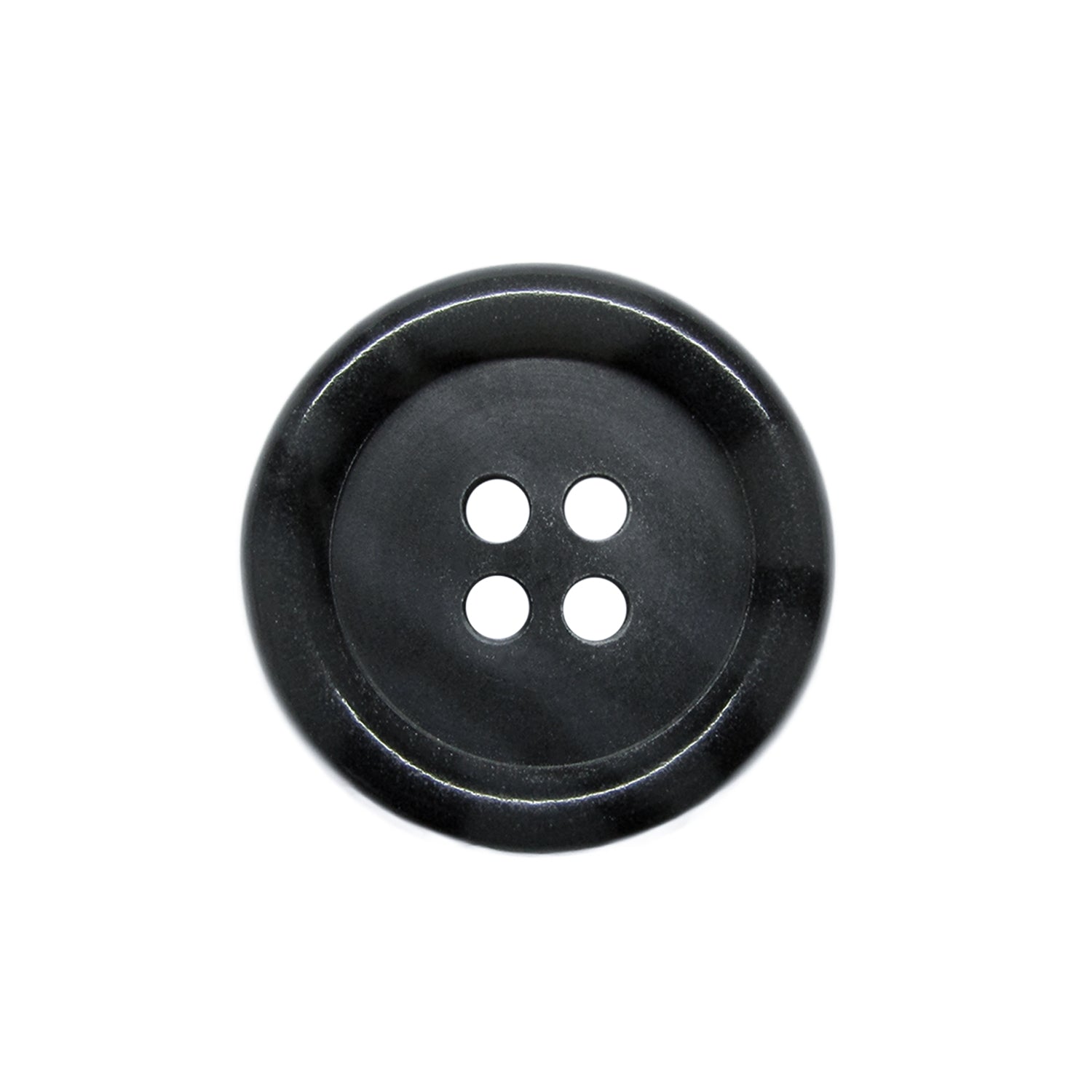 A black, round Luxury Suit Button with four center holes is shown from above on a white background. It is vegan-friendly.