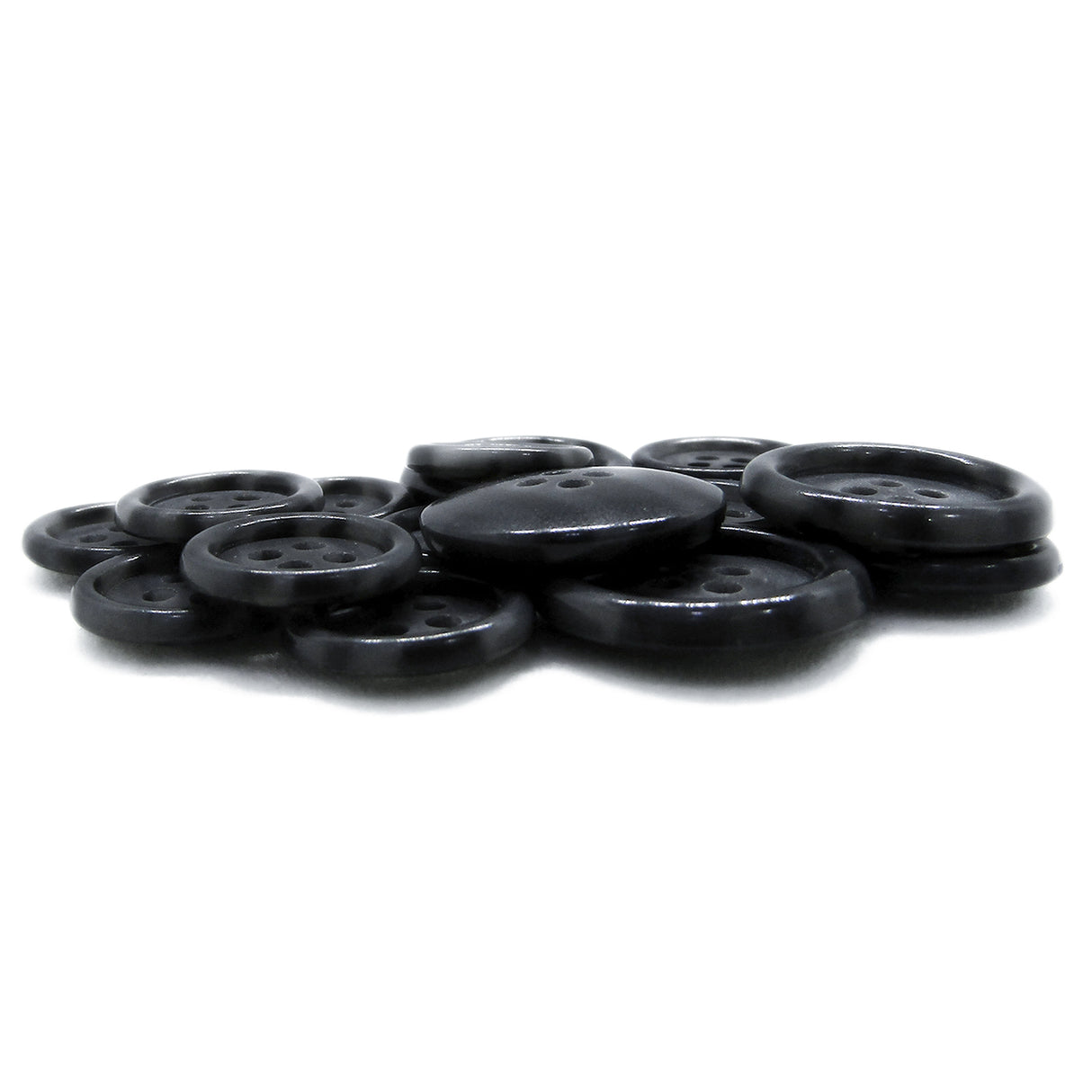 Luxury Suit Buttons: A set of black, round, four-hole buttons displayed on a white background.