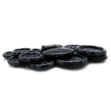 Luxury Suit Buttons: A set of black, round, four-hole buttons displayed on a white background.