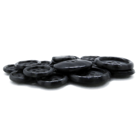 Luxury Suit Buttons: A set of black, round, four-hole buttons displayed on a white background.