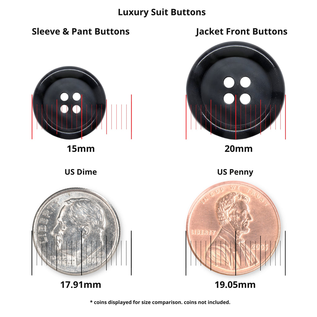 Luxury Suit Buttons are available in 15mm and 20mm sizes—compare them to a US dime (17.91mm) or penny (19.05mm) for reference when selecting buffalo bone or vegan options for your style.