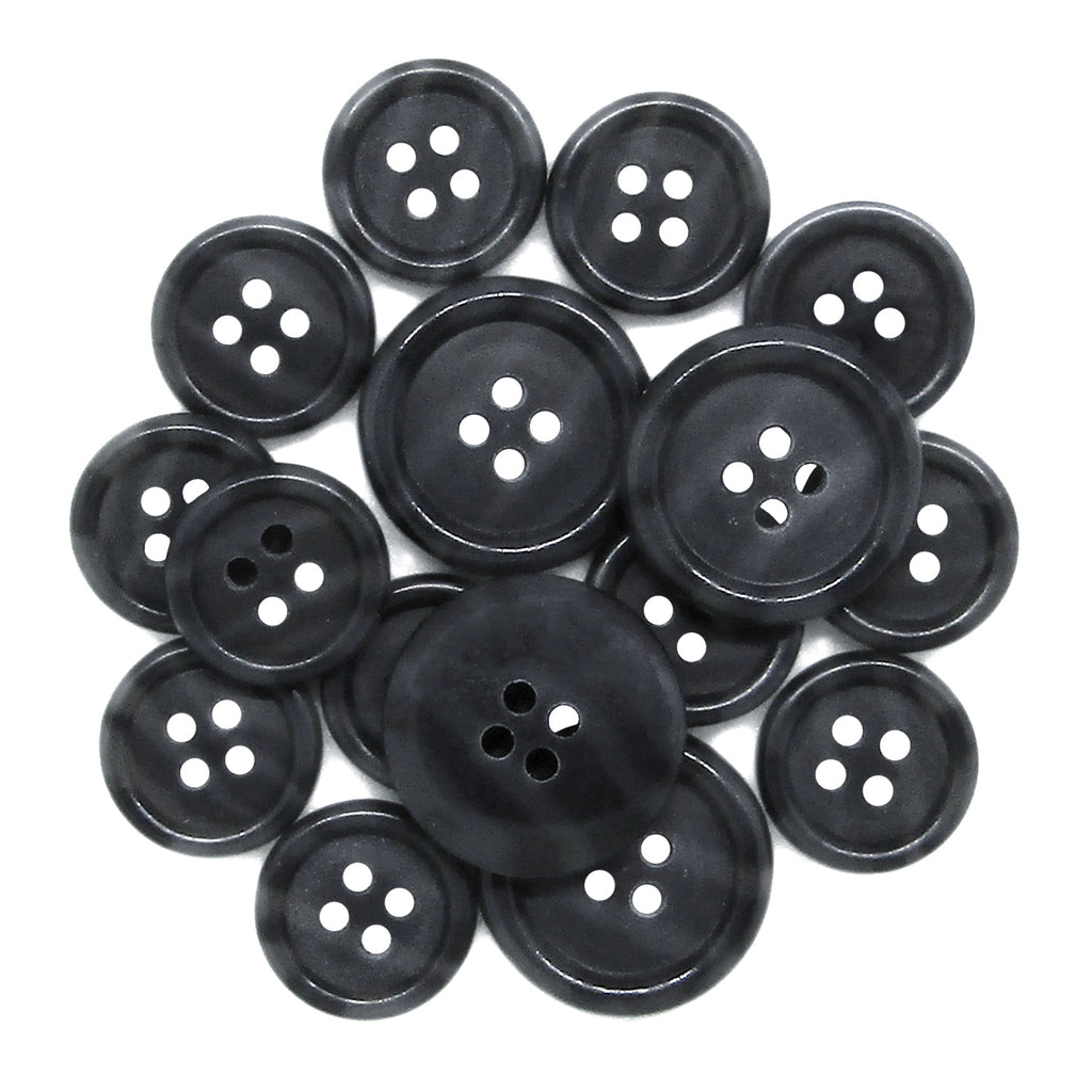 Luxury Suit Buttons: A cluster of black, round, four-holed buttons arranged closely on a white background.