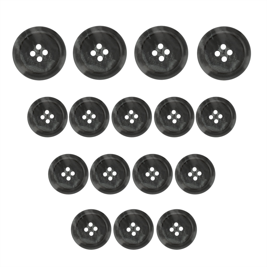 Sixteen Regular Suit Buttons in black are arranged in a downward-pointing triangle on a white background.