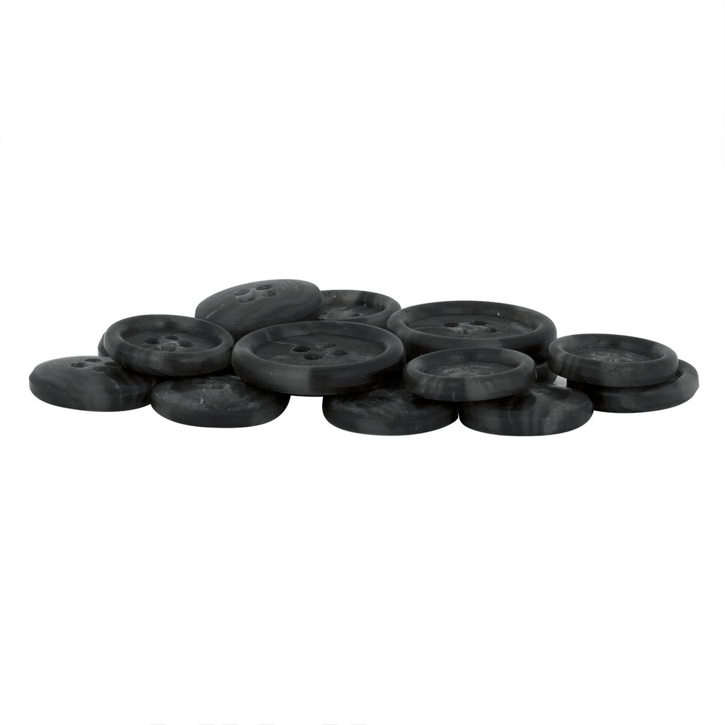 A pile of Regular Suit Buttons—round, black, with four holes—lies on a white background, ideal for replacing lost or worn-out buttons on your garments.