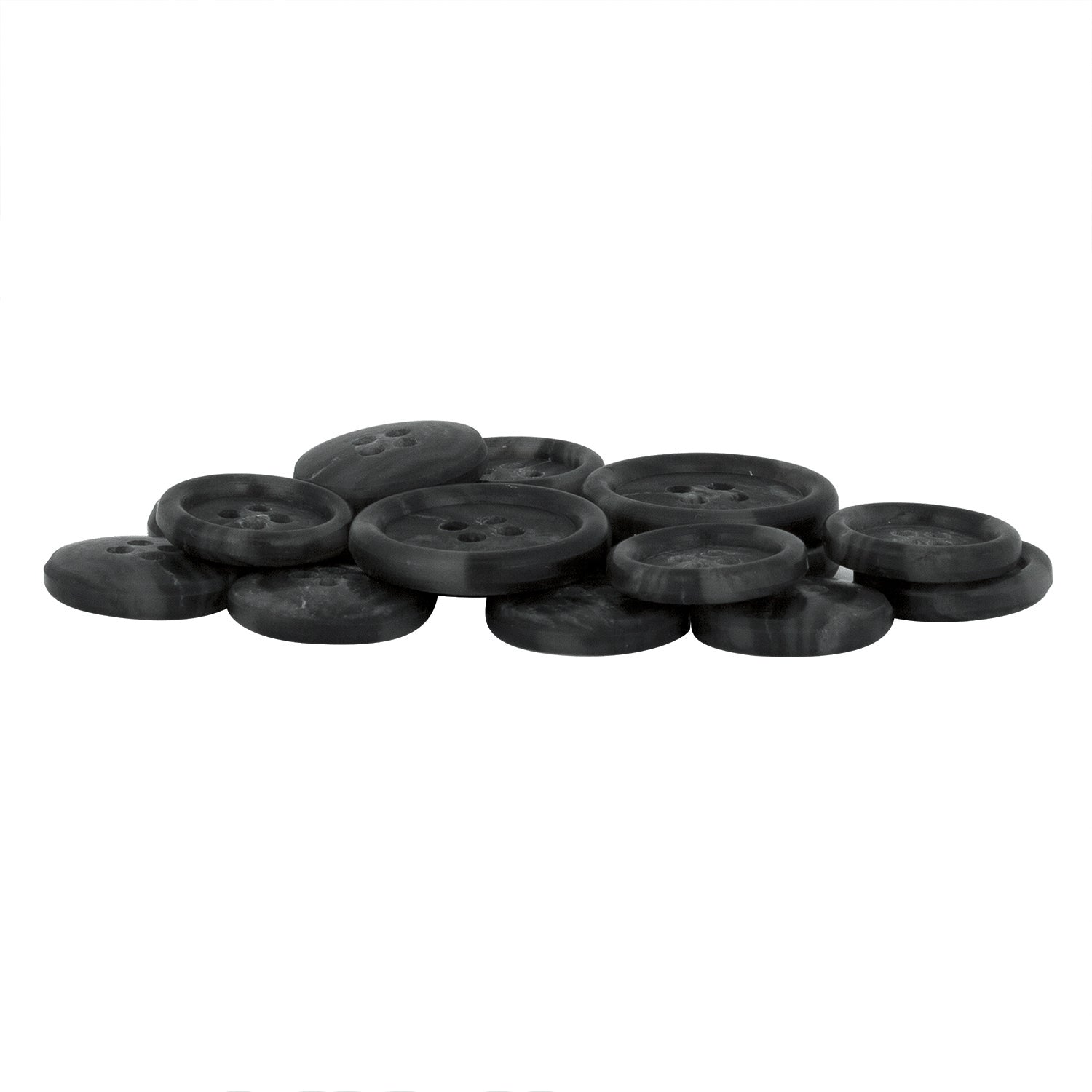 A pile of Regular Suit Buttons—round, black, with four holes—lies on a white background, ideal for replacing lost or worn-out buttons on your garments.