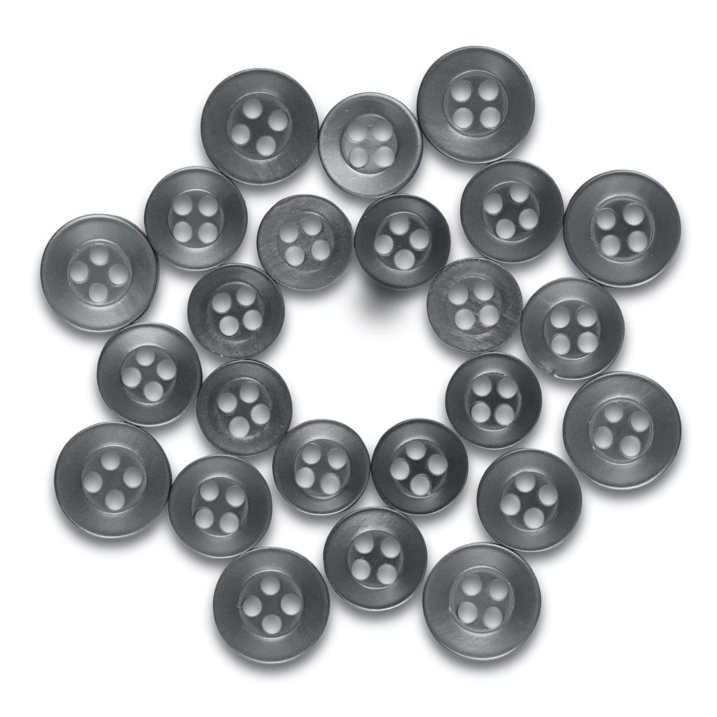 Twenty-four Replacement Shirt Buttons in matte gray, arranged in a circle on a white background—ideal for any tailor's kit.