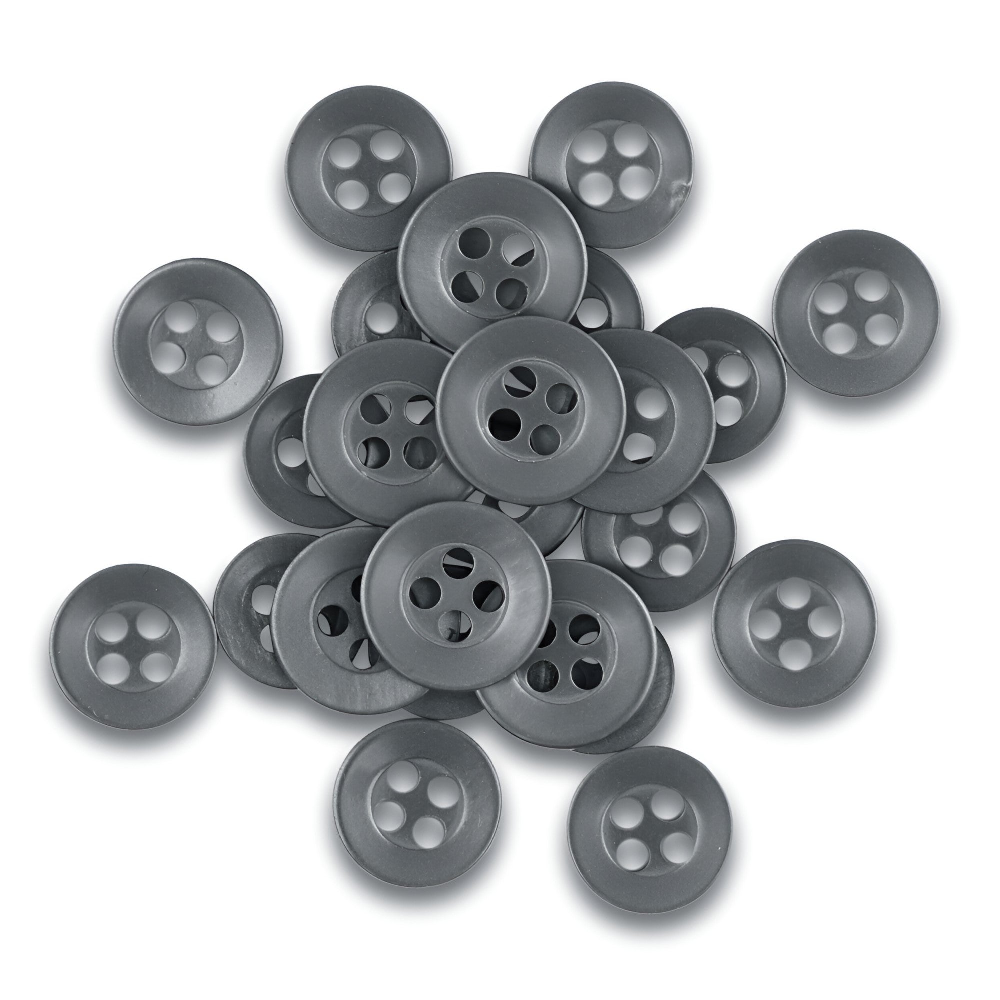 A scattered pile of Replacement Shirt Buttons with a gray matte finish is displayed on a white background.