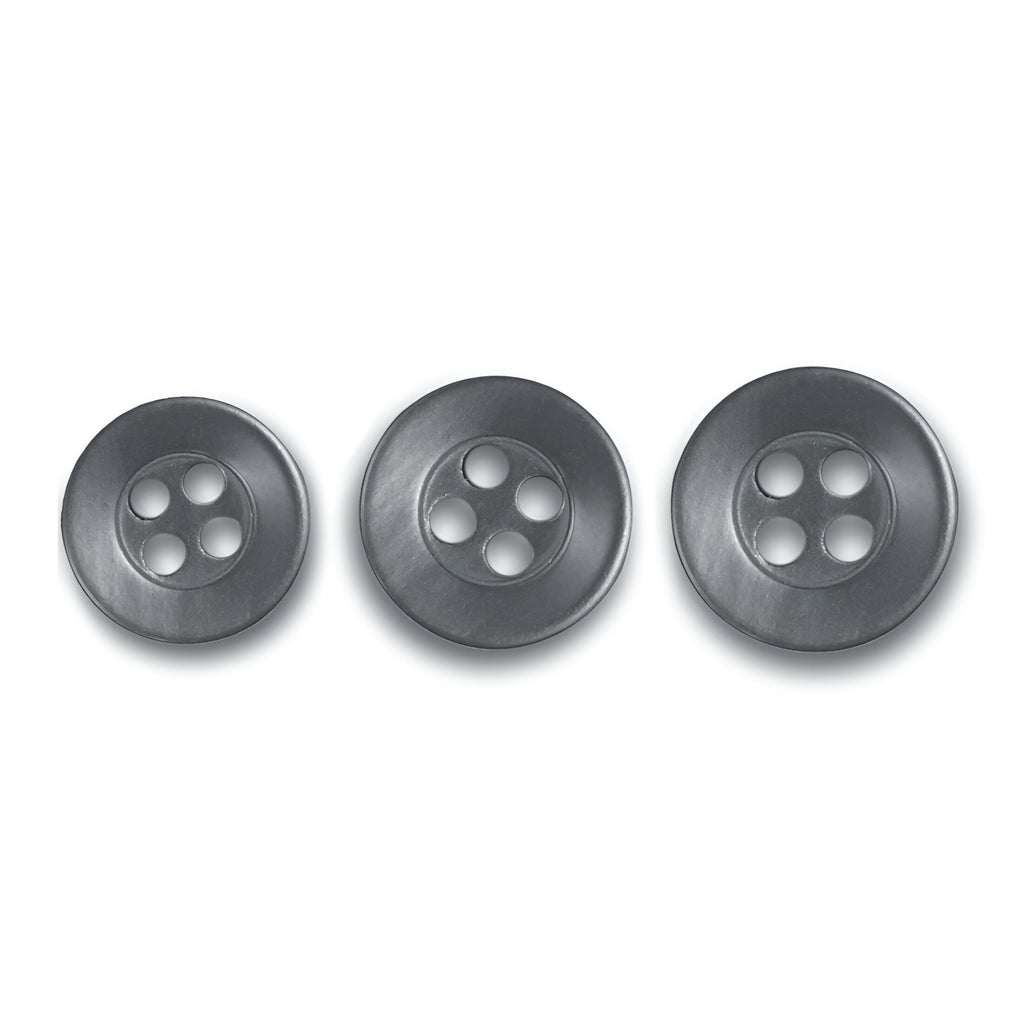 Three matte gray replacement shirt buttons in varying sizes, each round with four holes, are arranged in a row on a white background.
