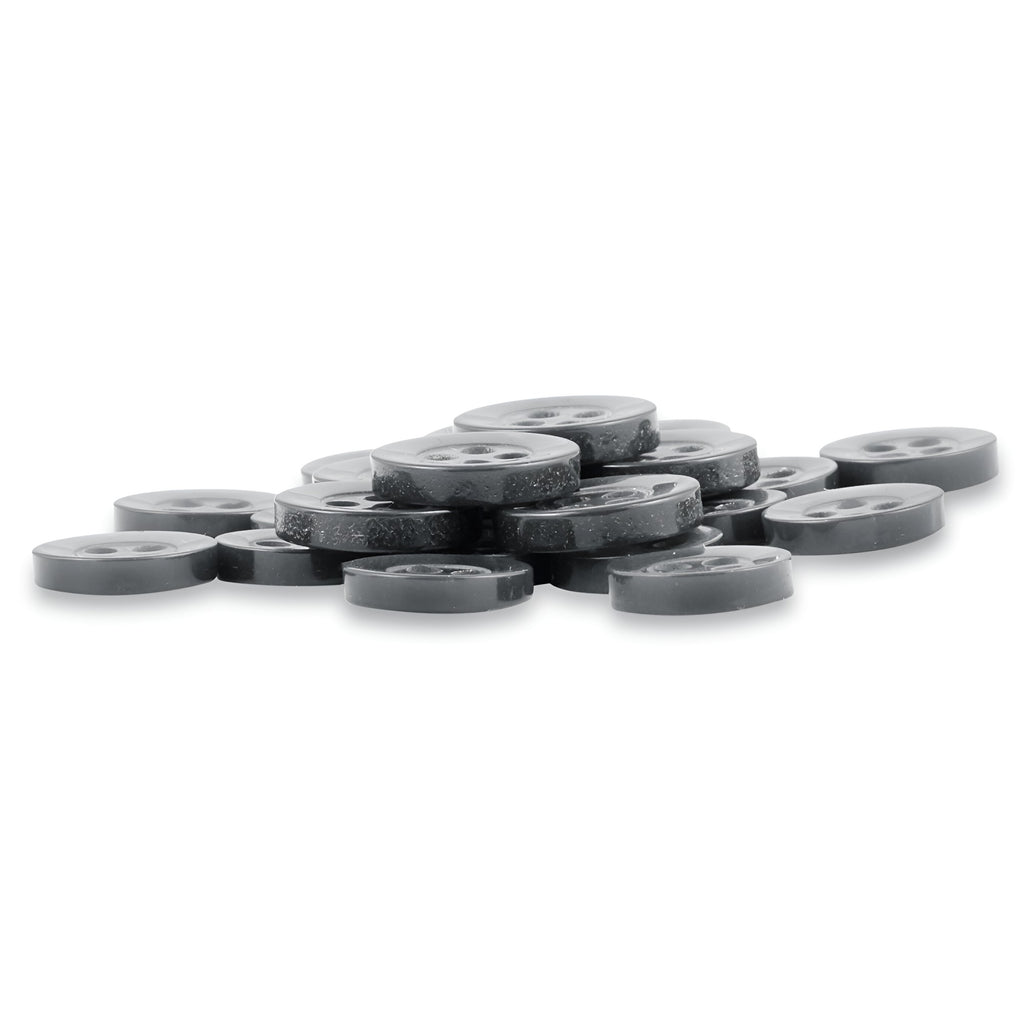 A set of small, round, black matte finish Replacement Shirt Buttons with four holes on a white background—ideal for any tailor's button kit.