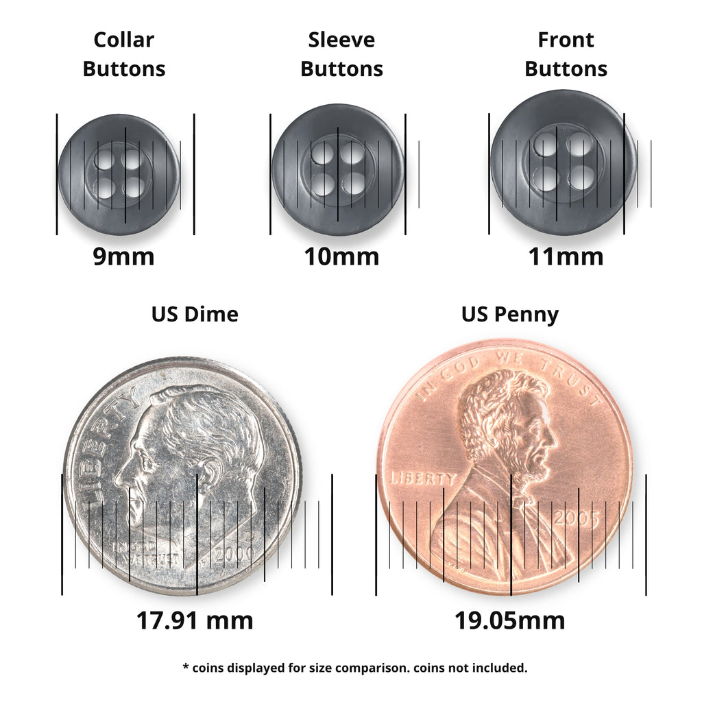 Three black matte finish Replacement Shirt Buttons and two coins are displayed with diameter measurements for size comparison, making them ideal for a tailor’s button kit.