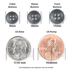 Three black matte finish Replacement Shirt Buttons and two coins are displayed with diameter measurements for size comparison, making them ideal for a tailor’s button kit.