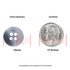 A Khakis, Chinos and Casual Cotton Pant Button (15mm), perfect for pants, is shown next to a 17.91mm US dime with red lines highlighting their size difference.