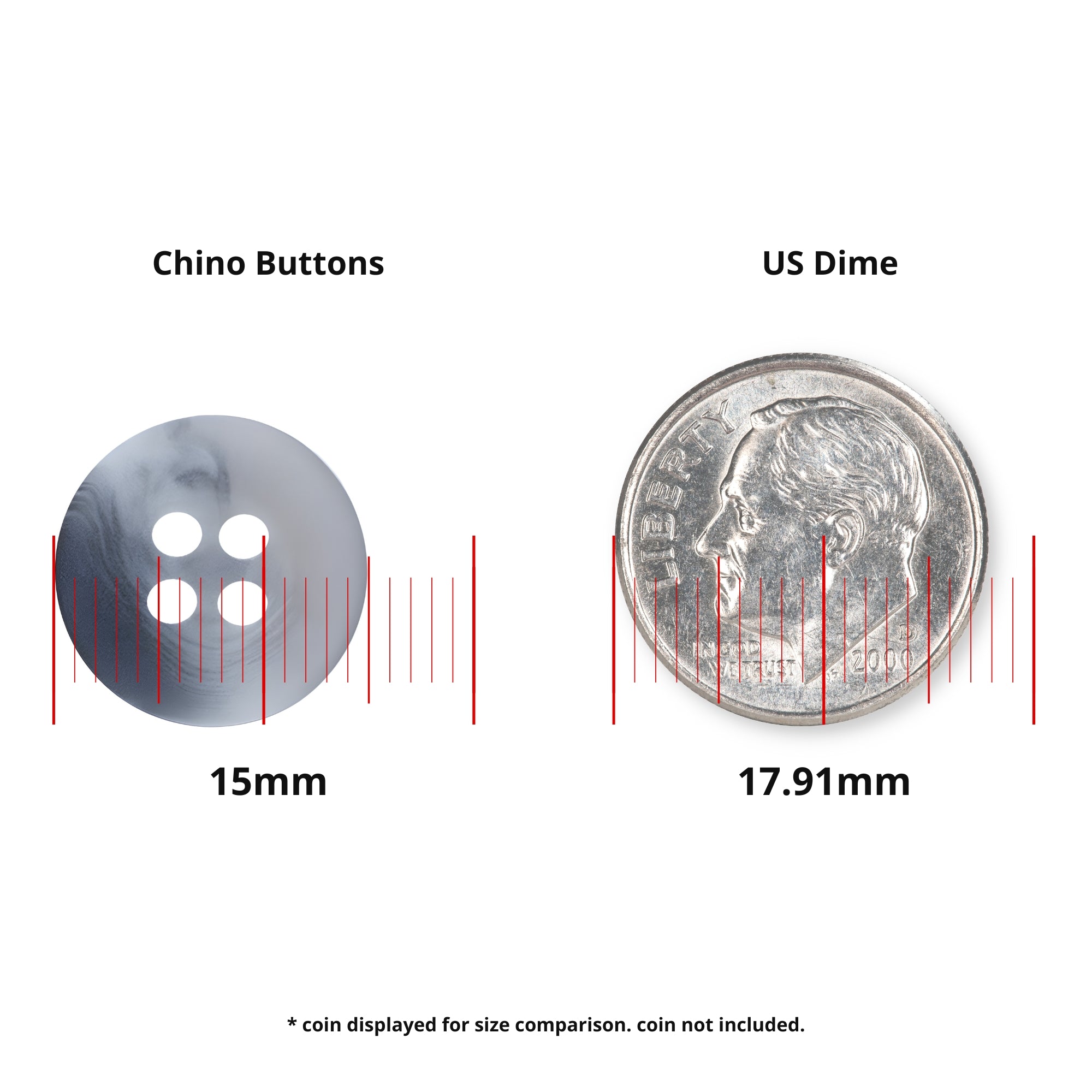 A Khakis, Chinos and Casual Cotton Pant Button (15mm), perfect for pants, is shown next to a 17.91mm US dime with red lines highlighting their size difference.