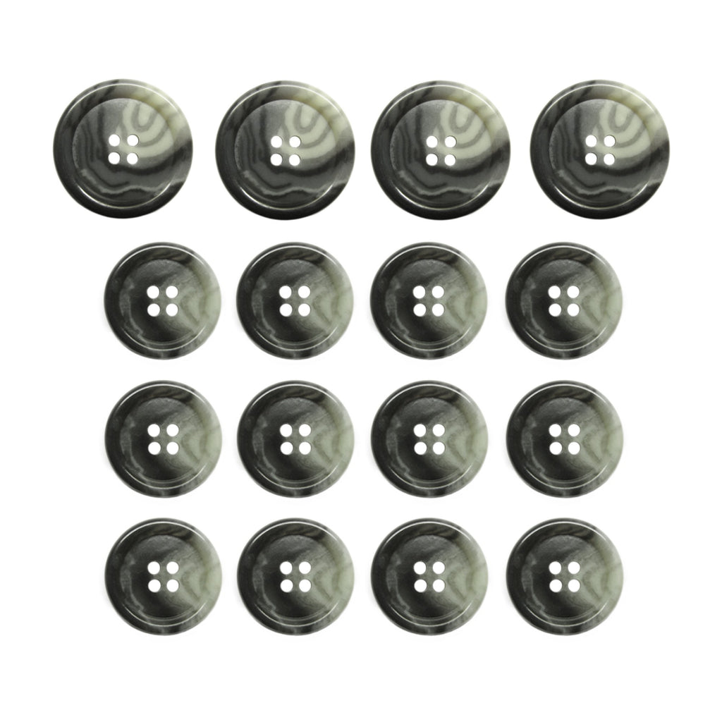 Fifteen Premium Suit Buttons in gray marbled finish are arranged in three rows of five on a white background.