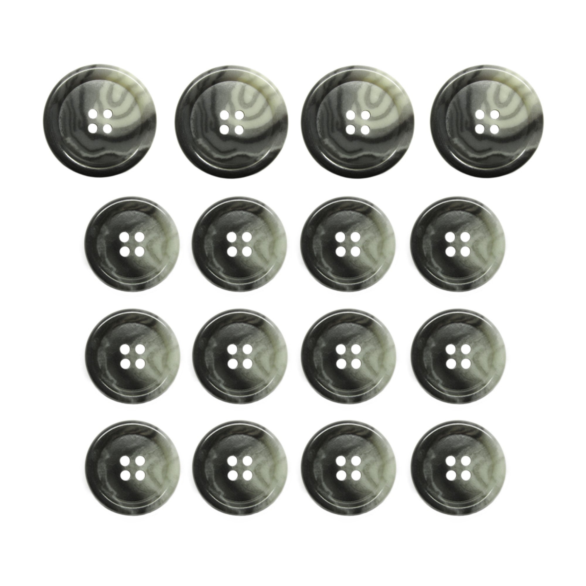 Fifteen Premium Suit Buttons in gray marbled finish are arranged in three rows of five on a white background.