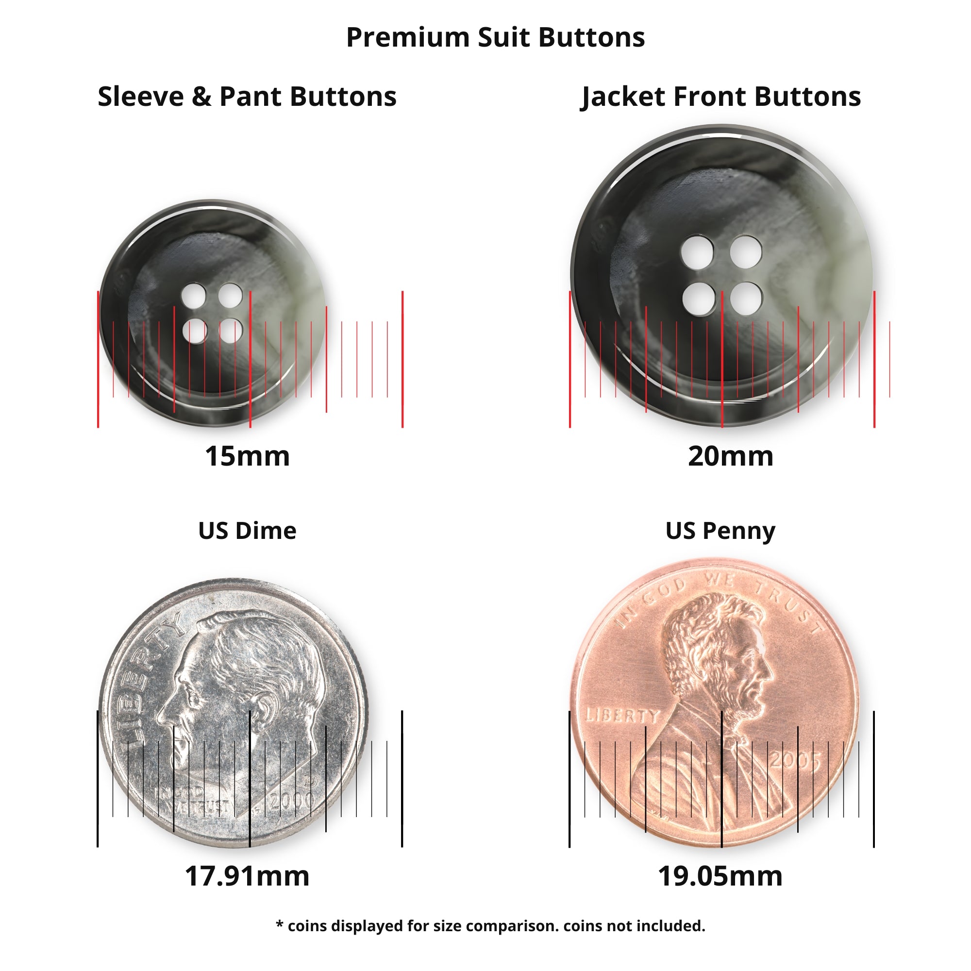 Comparison of Premium Suit Buttons in 15mm and 20mm black sizes with a US dime and penny for reference.
