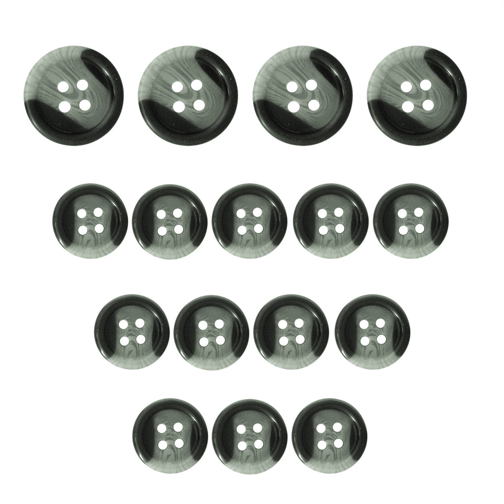 Fifteen Standard Suit Buttons in black and gray marbled design are arranged in a triangle on a white background—ideal as replacement buttons for a classic black blazer.