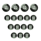 Fifteen Standard Suit Buttons in black and gray marbled design are arranged in a triangle on a white background—ideal as replacement buttons for a classic black blazer.