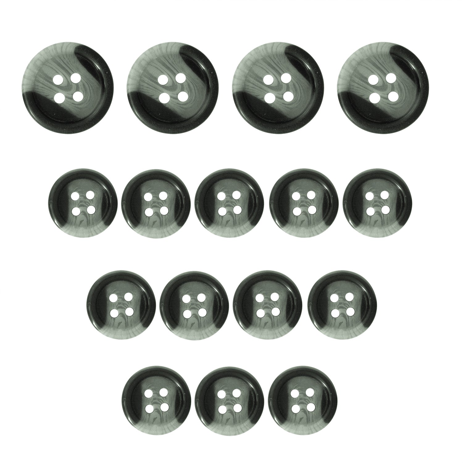 Fifteen Standard Suit Buttons in black and gray marbled design are arranged in a triangle on a white background—ideal as replacement buttons for a classic black blazer.
