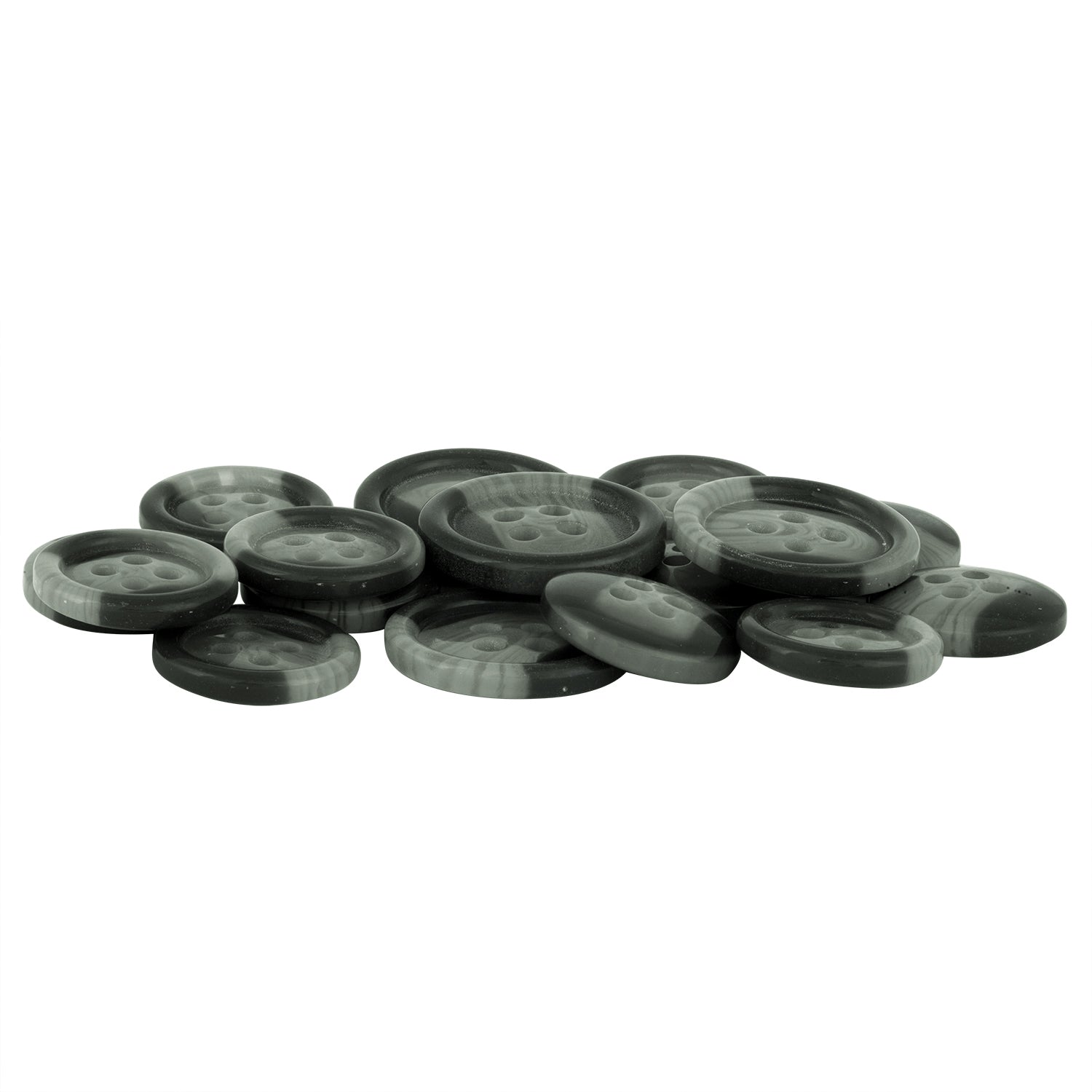 A pile of Standard Suit Buttons, dark and round with four holes, displayed on a white background.