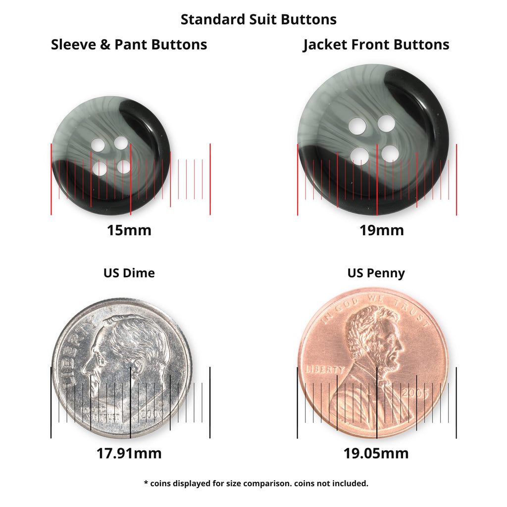 The image shows four Standard Suit Buttons and two coins with size labels—15mm, 19mm, 17.91mm, and 19.05mm—for comparison, making it easy to choose replacement buttons for your suit or black blazer.