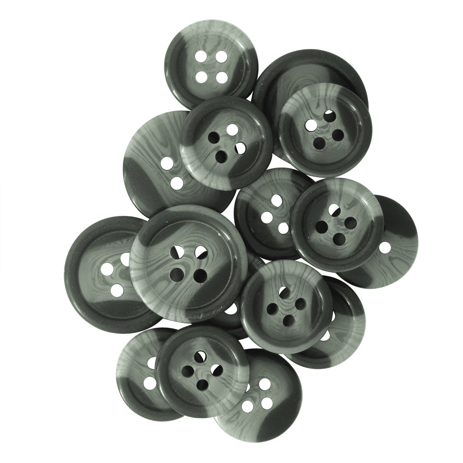 A cluster of Standard Suit Buttons—round, swirled gray and black with four holes—ideal as replacement blazer buttons, displayed on a white background.