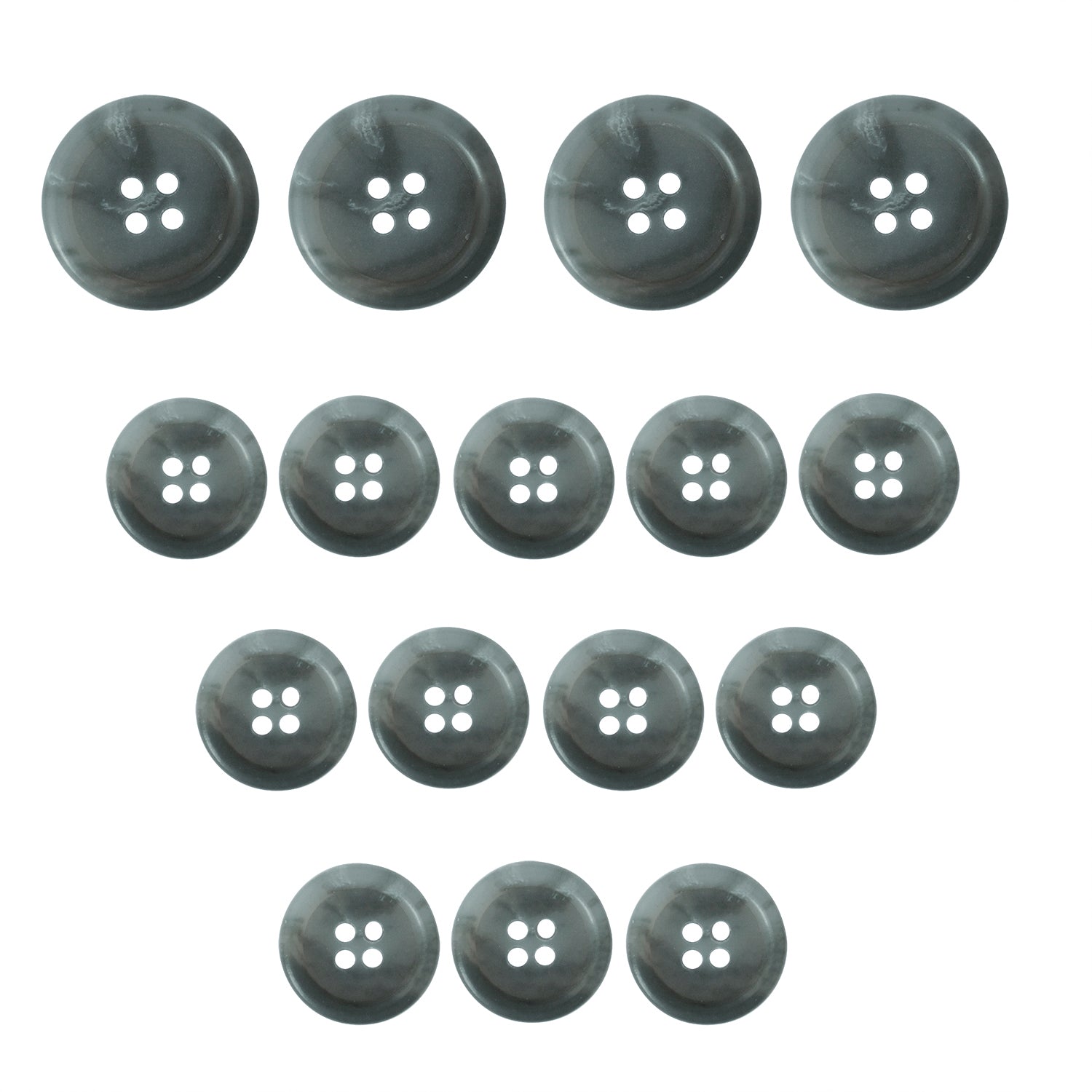 Vegan Faux Horn Suit Buttons, gray with four holes, arranged in a heart shape on a white background.