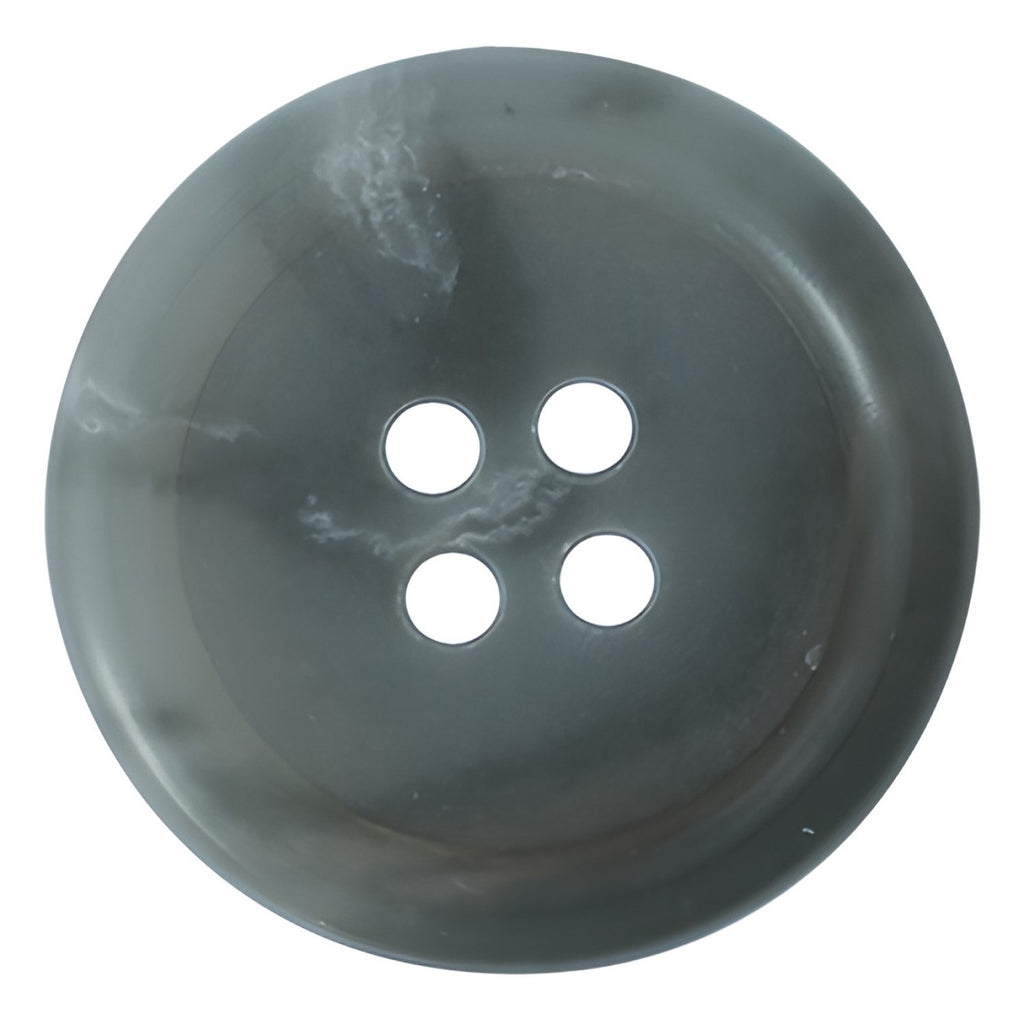 A round, gray, four-hole Vegan Faux Horn Suit Button with a glossy finish on a white background—an ethical choice for eco-conscious sewing projects.