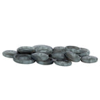 A collection of Vegan Faux Horn Suit Buttons, round and gray with four holes, scattered on a white surface.