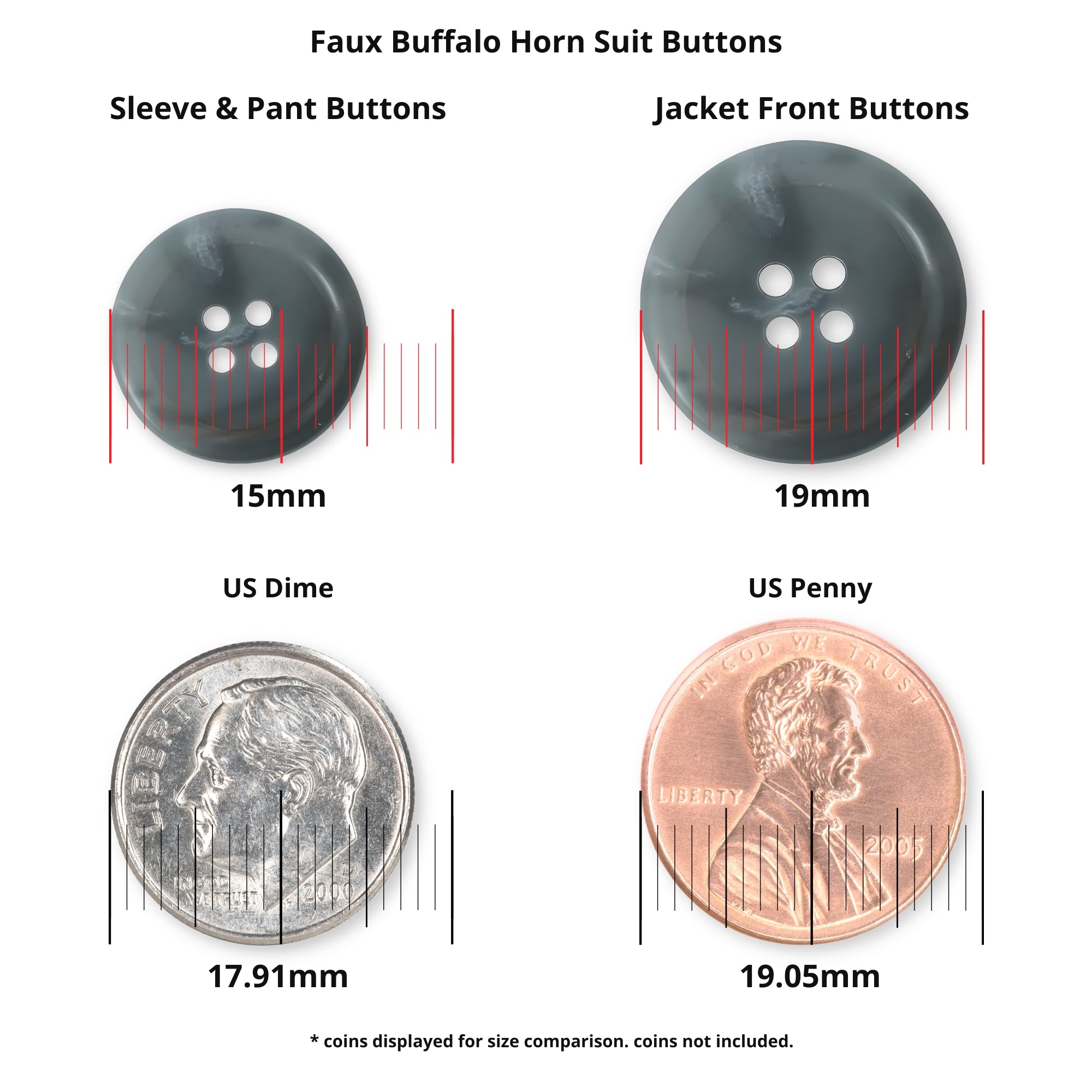 Two Vegan Faux Horn Suit Buttons are displayed beside a US dime and penny for size comparison, with exact millimeter measurements shown.