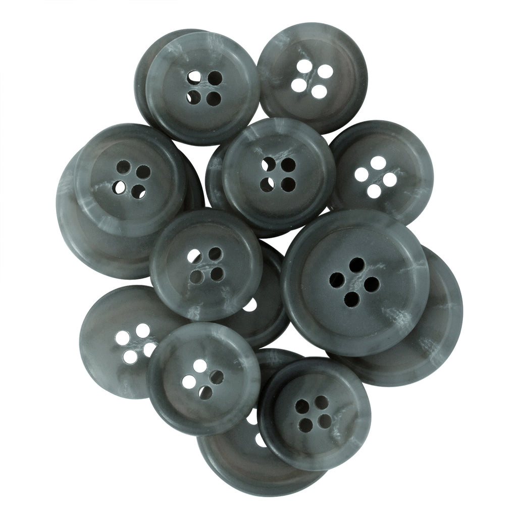 A pile of Vegan Faux Horn Suit Buttons in assorted gray shades, each with four holes, arranged on a white background.