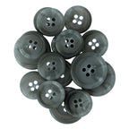 A pile of Vegan Faux Horn Suit Buttons in assorted gray shades, each with four holes, arranged on a white background.