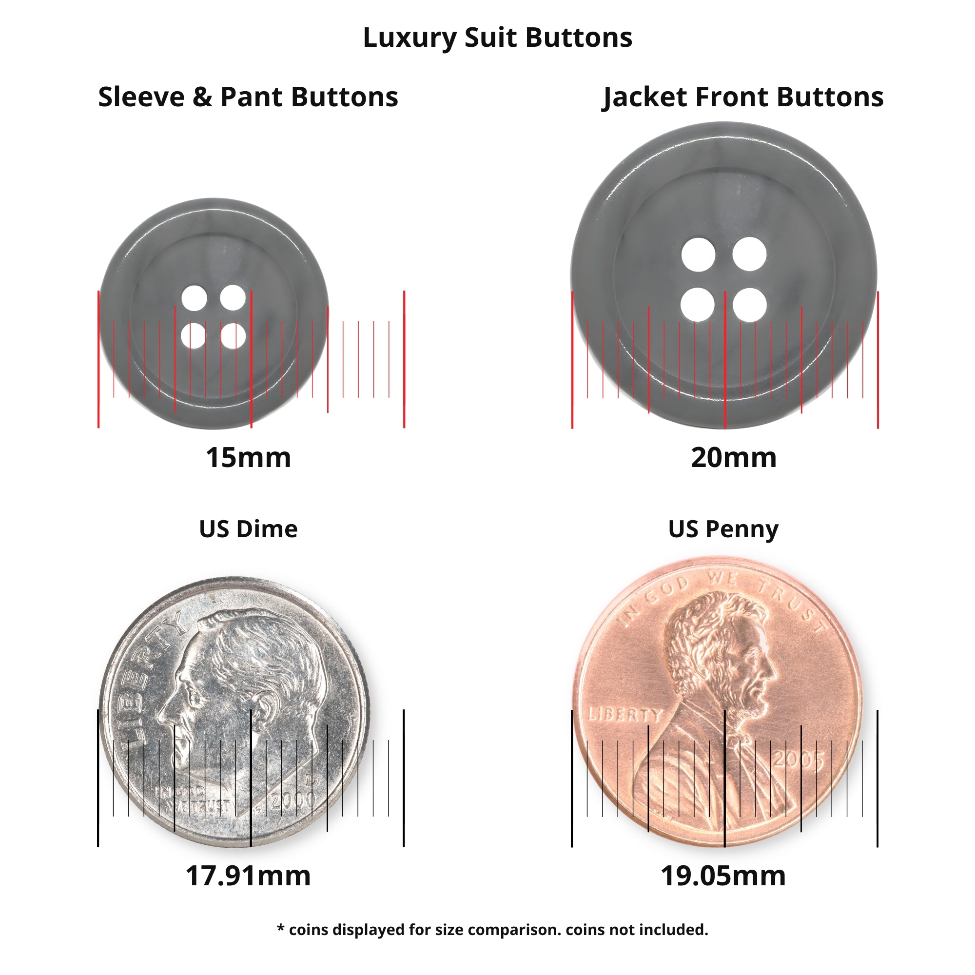 Luxury Suit Buttons with four holes shown next to a US dime and penny for size comparison, measurements in millimeters included.