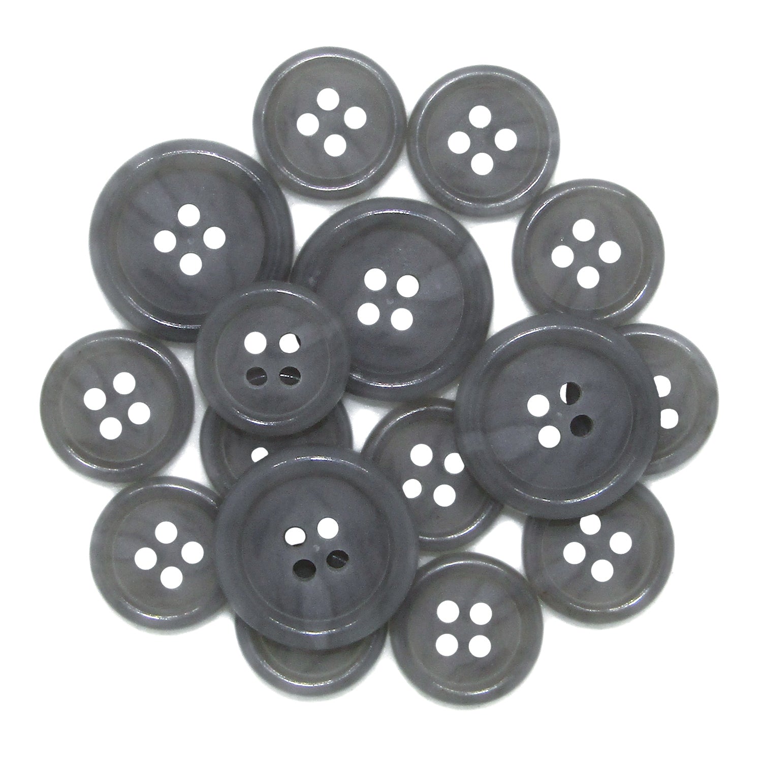 A collection of Luxury Suit Buttons in assorted gray shades, each with four holes, are overlapping on a white background.